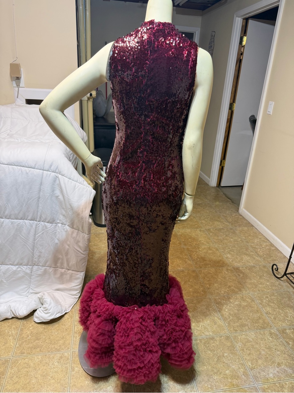 AKIRA Burgundy Sequin Column Gown with Magenta Feather Hem - Picture 2 of 2